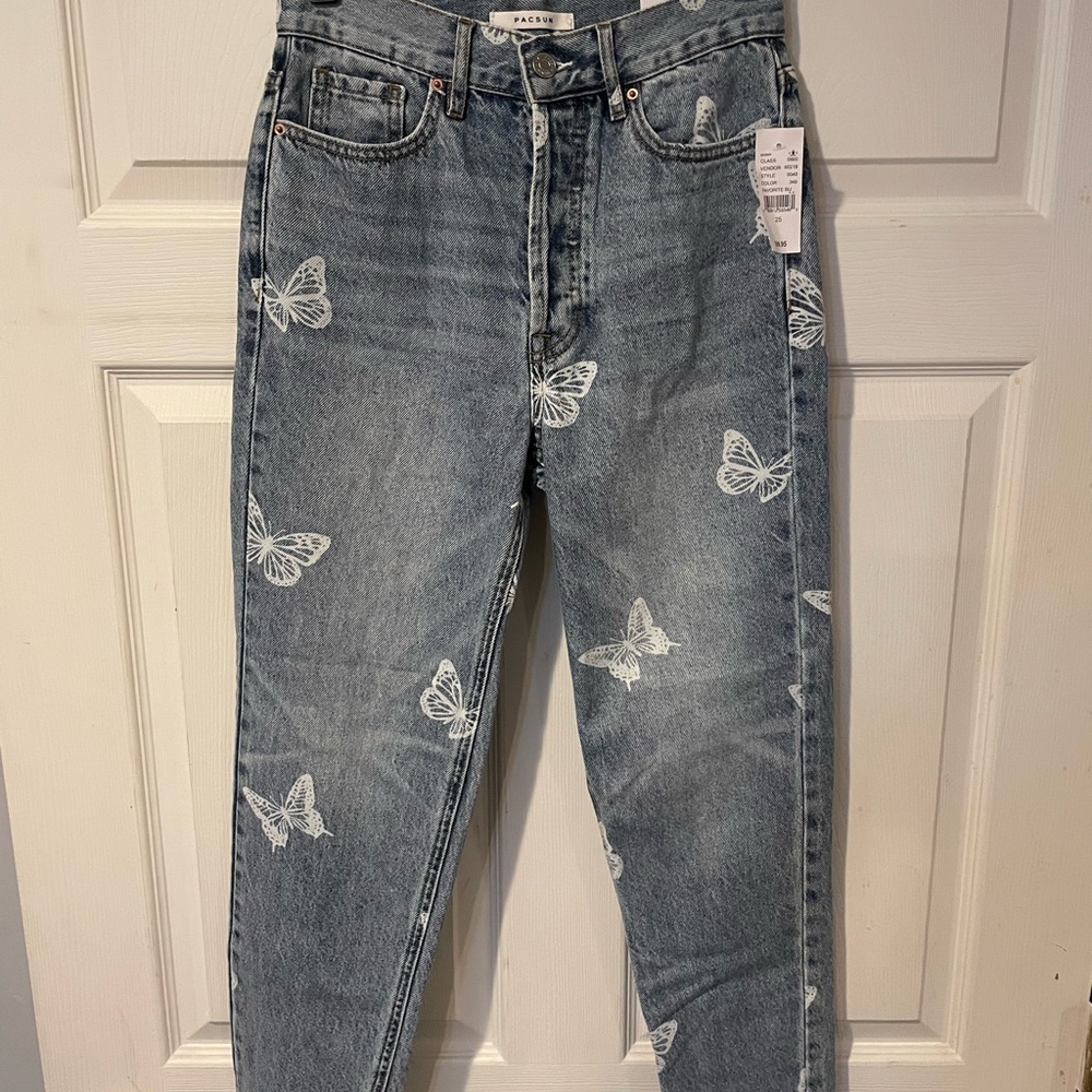 PacSun Blue Straight Leg Jeans with Butterfly Print